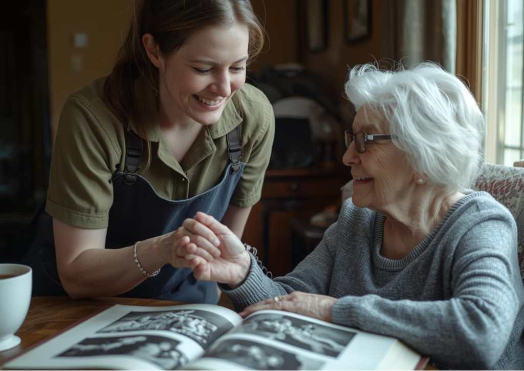 Îngrijitoare oferind asistență unei persoane vârstnice la domiciliu