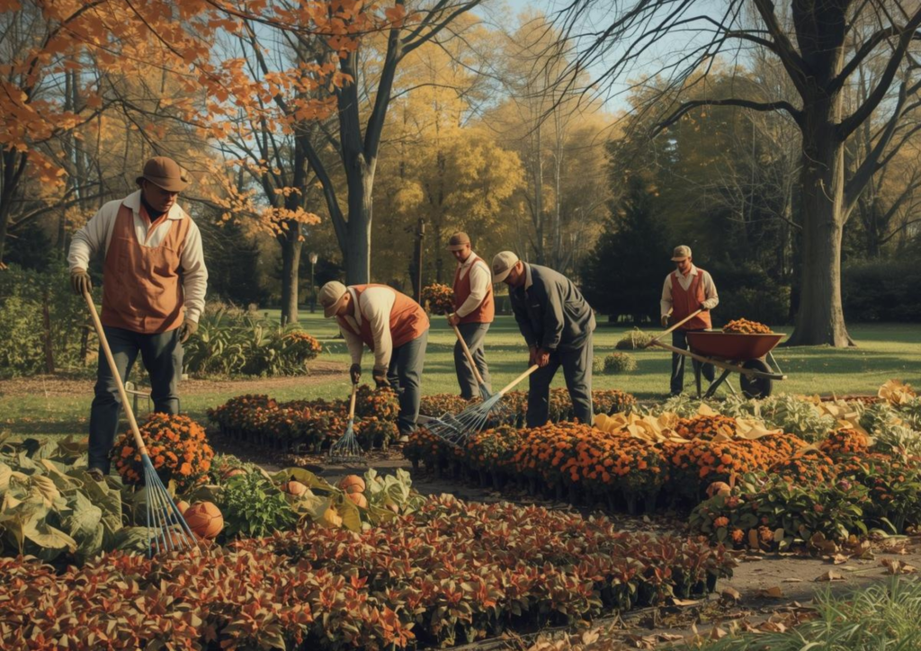 Lucrători întreținând spații verzi într-un parc