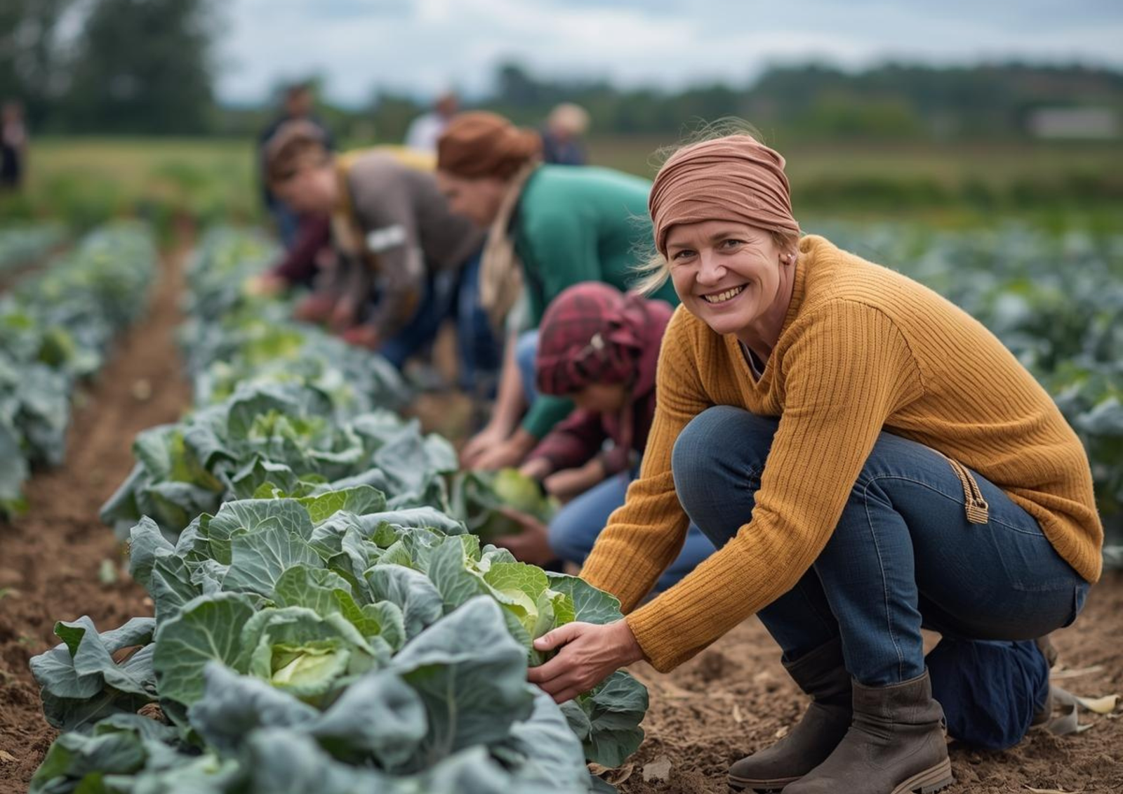Lucrători agricoli recoltând legume pe câmp